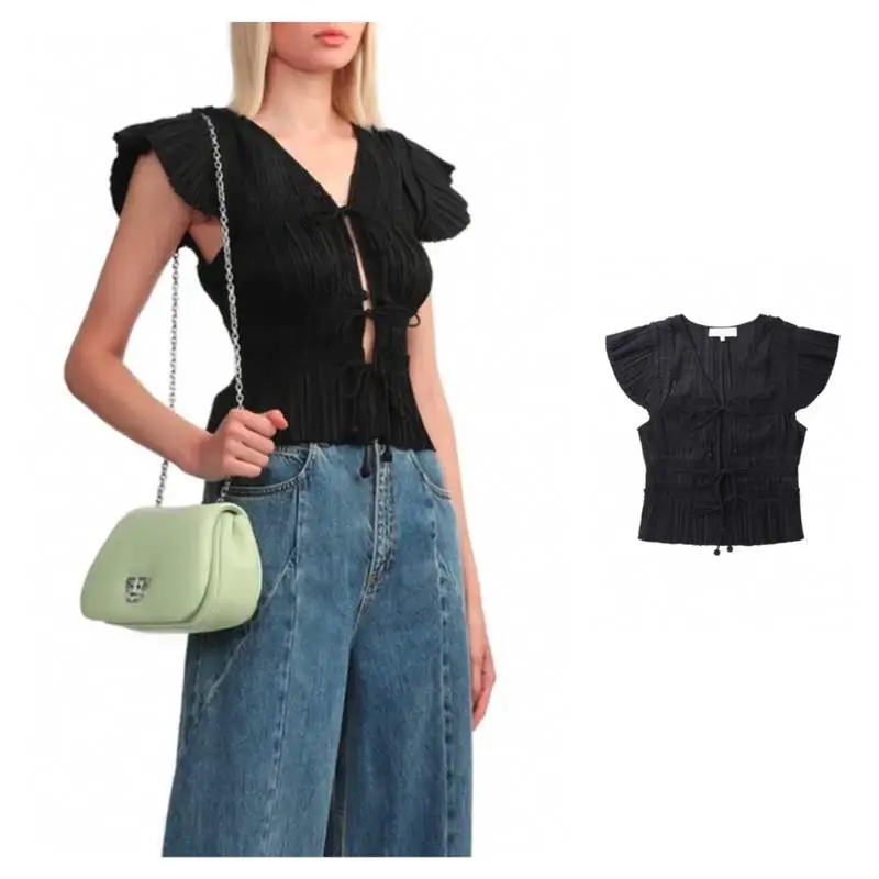 

Fashionable Dark Style New York Se Fleece Sleeve Shirt with Belt And Pleats Sexy Spring Top Women's French Style Slim Fit Blouse
