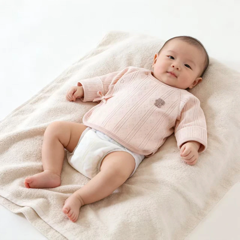 0-3 Months Newborn Long-Sleeve Top, Spring and Autumn Pure Cotton Half-Back Shirt, Summer Thin Style Infant Monk-Style Clothing