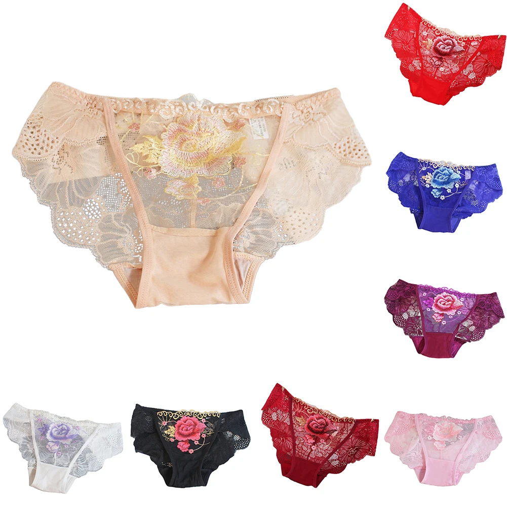 Embroidery Flowers Bandage Transparent Briefs Red Panties For Women Hollow Out Sexy Lingerie Corset Lace Cotton Lady's Underwear