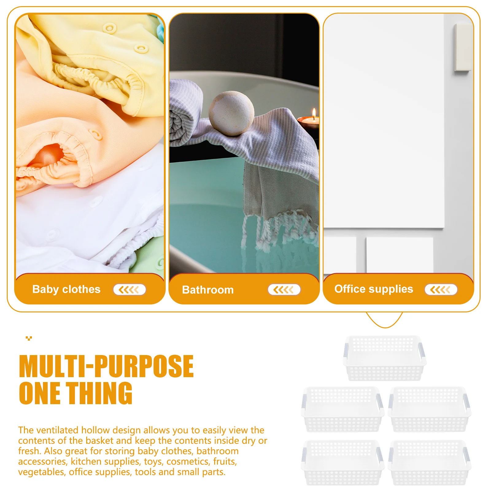 

5pcs Plastic Storage Baskets Hollow Design Household Bathroom Container Desktop Snacks Case Office Stationery Organizer