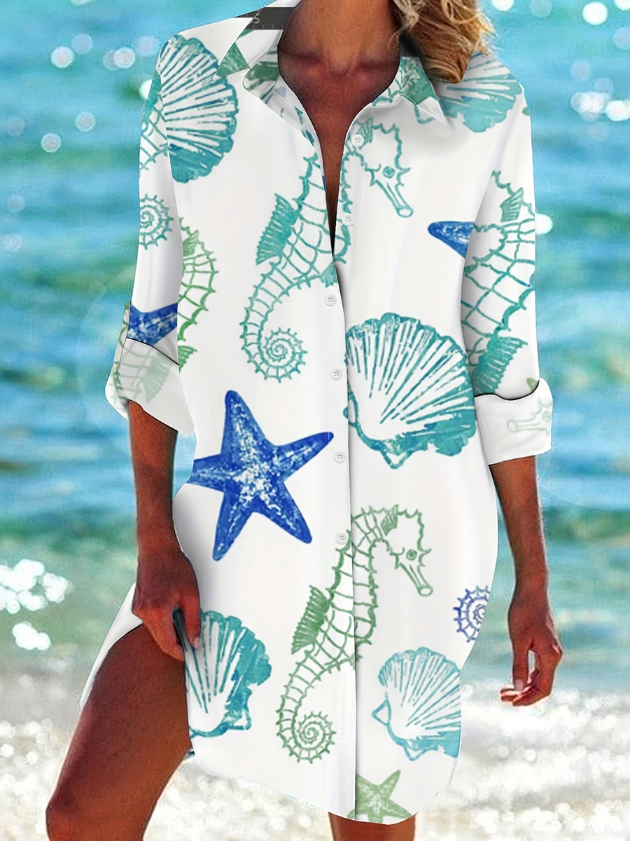 Damen Langarm-Hemdkleid mit Knöpfen, Lässige Lose Bluse mit Muschel- und Seestern-Druck, Elegante Y2k-Mode Streetwear für Frauen – Detail 3