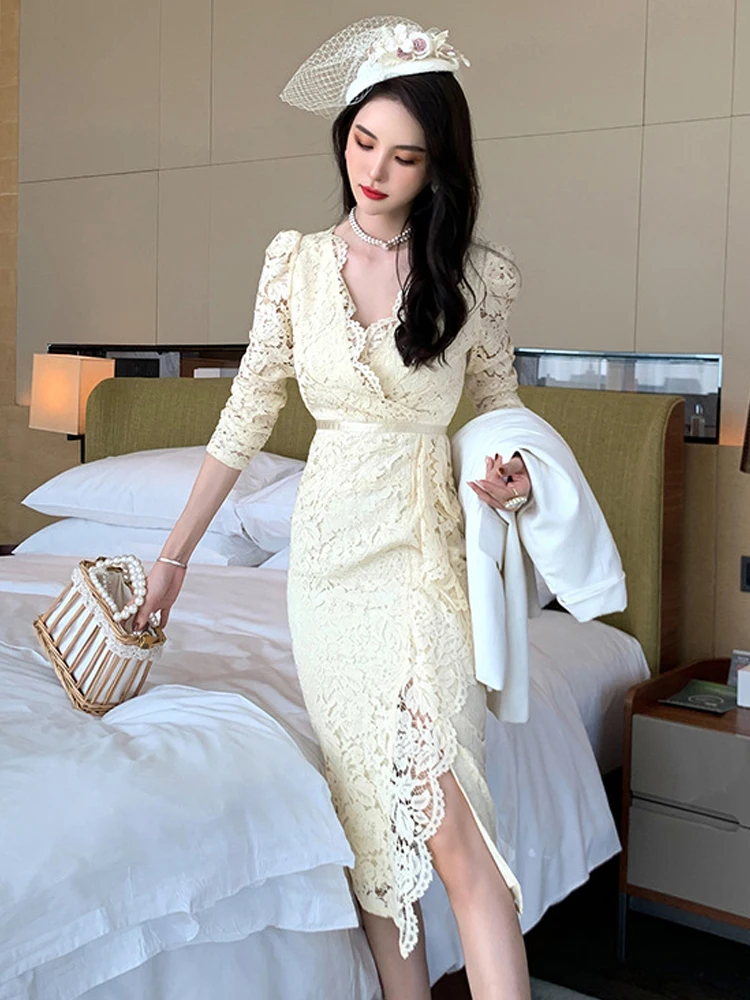 여성용 우아한 연회 드레스, 달콤하고 로맨틱한 레이스 버블 소매, 스플릿 러플 로브, 여성 파티/프롬 드레스