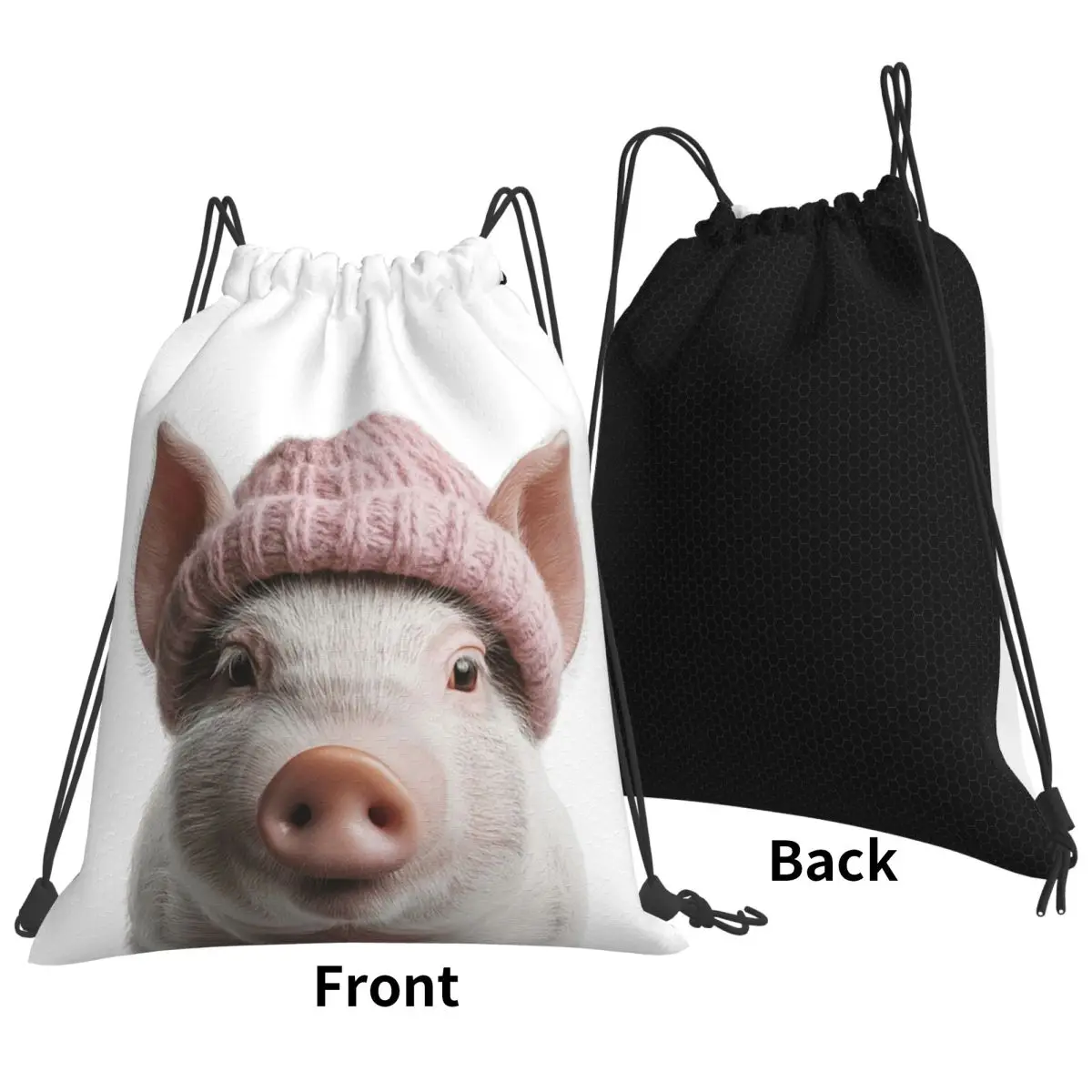 Pig Wearing Pink Winter Hat Backpacks Casual Drawstring Bags Sports Bag Book Bags for Travel Students
