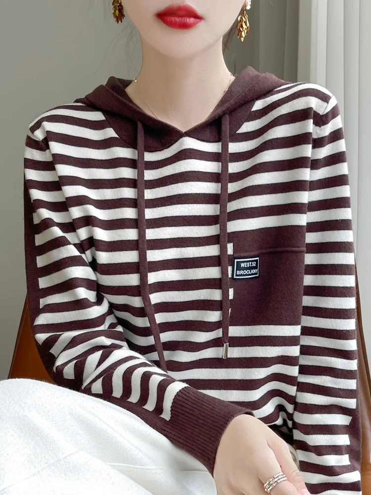 Autumn 2024 Women's Loose Fit Hoodie Knitted Sweatshirt Casual Warm Trendy Stripe Pattern Comfortable Long Sleeve T-Shirt