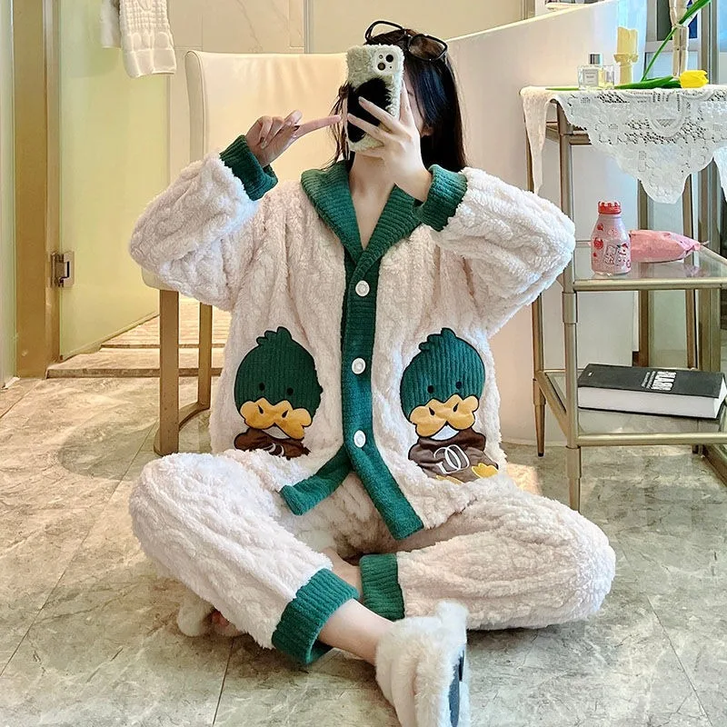 Autumn Winter Sleepwear Coral Fleece Pajamas Women Flannel Pijamas Kawaii Lamb Fur Home Clothes Set 2024 New Loungewear Suit