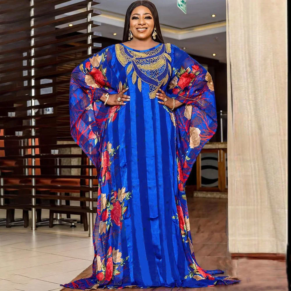 

African mom fashionable chiffon printed dress long robe large swing luxury diamond decoration with inner stretch inner skirt