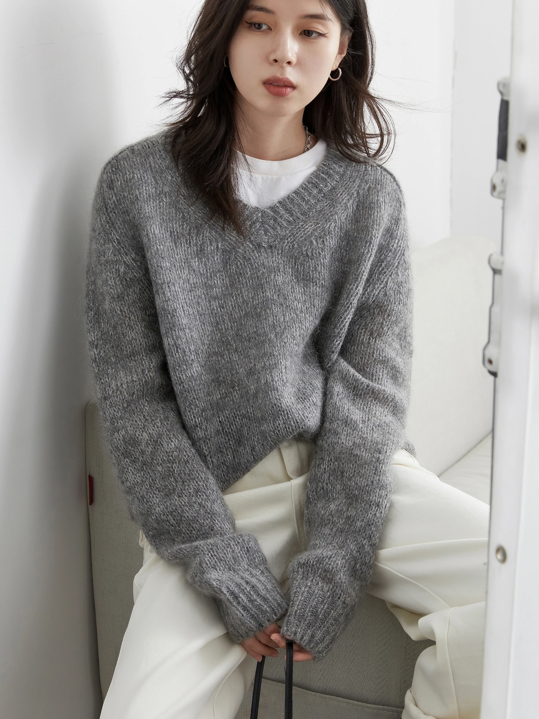 CHIC VEN Korean Women Sweaters Loose Casual Solid New V-neck Mohair Soft Female Knitted Jumpers Pullovers Autumn Winter 2025