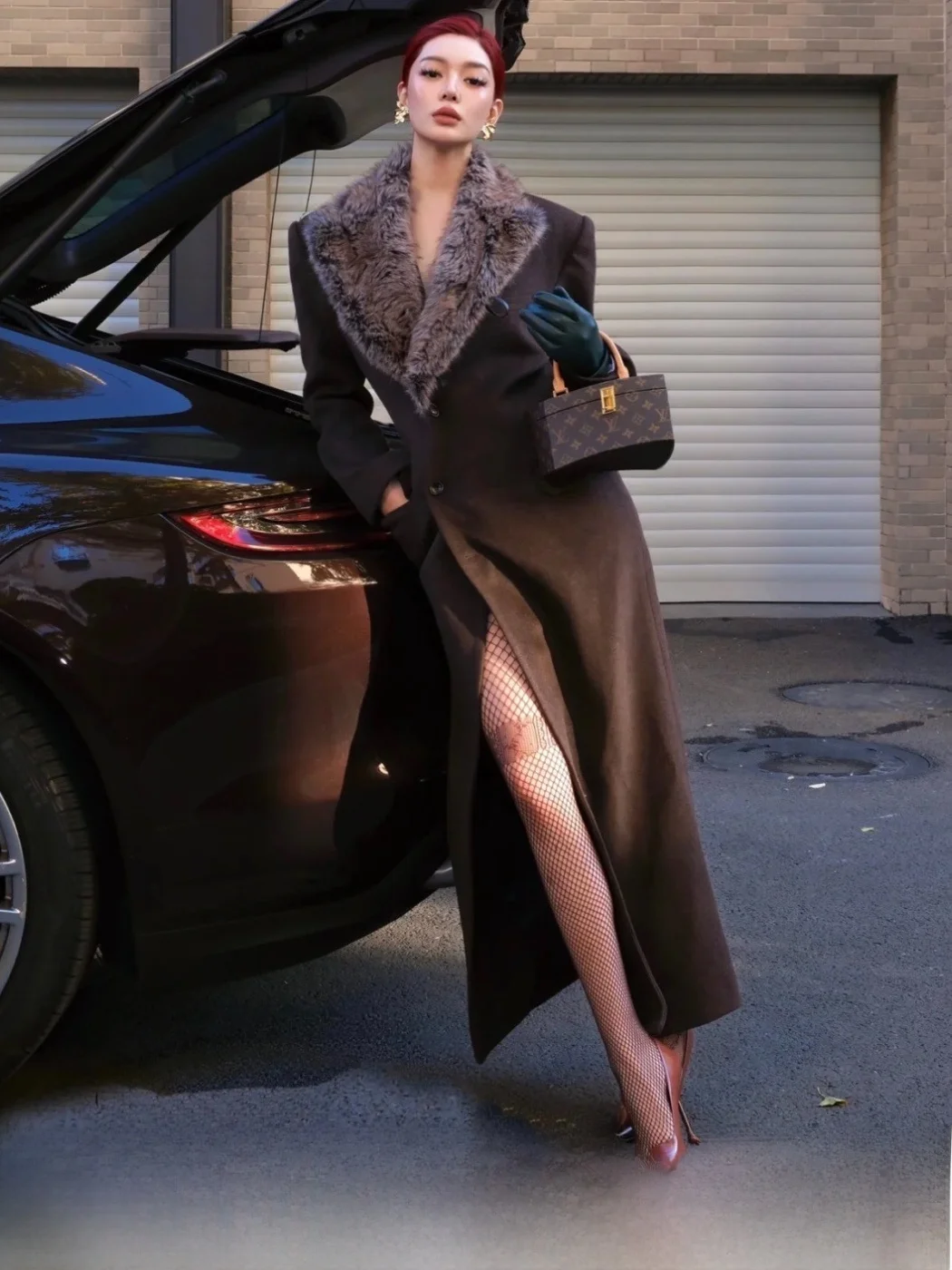 

MOXI Winter Long Coat Women's Woolen Jaet with Fur Collar Waist-Cinching Knee-Length Warm Thiened High Waist Design