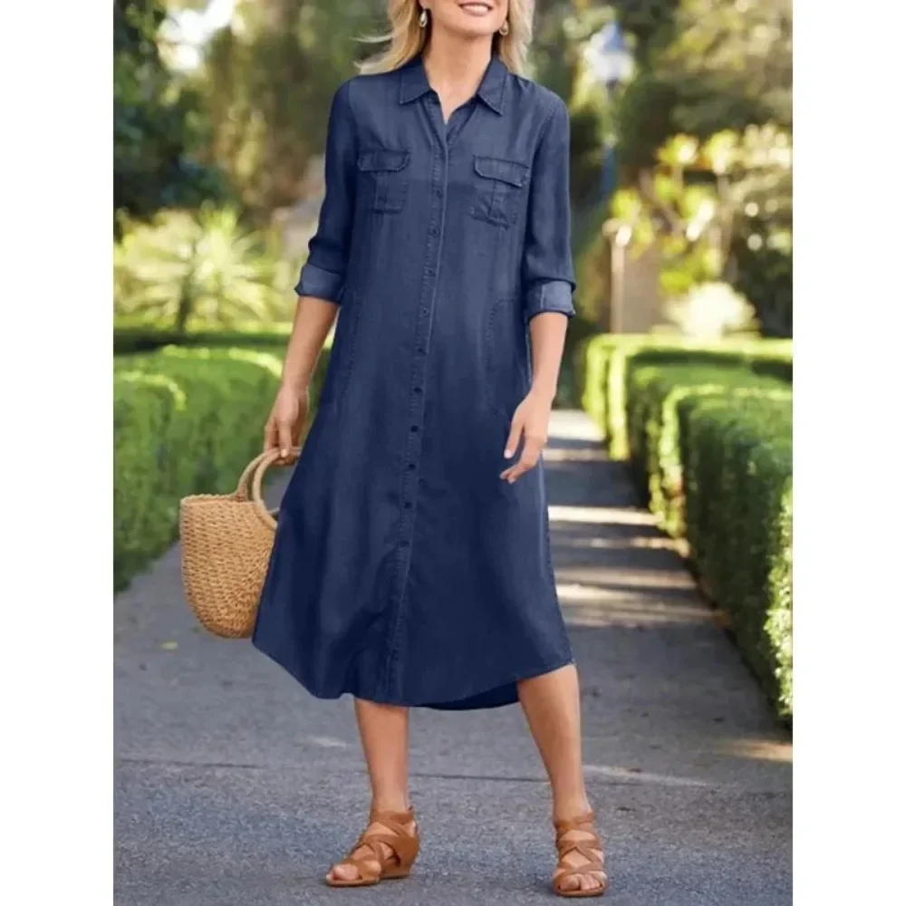 Letnia damska sukienka Plus Size Casual Denim Pocket Loose Long Dress Elegant Lapel Short Sleeved Solid Color Casual Long Dress