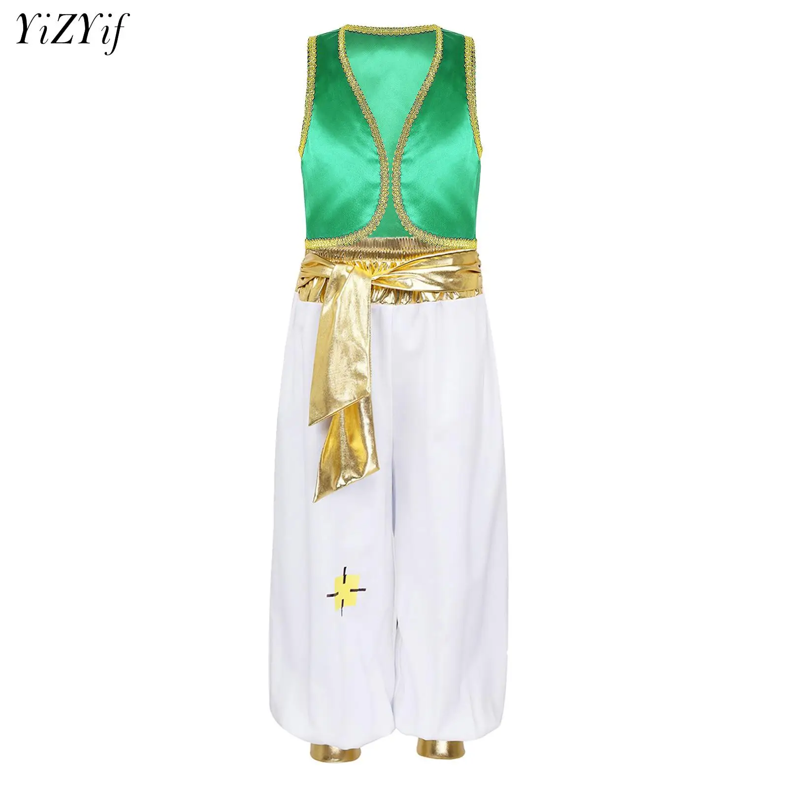 

Kids Boys Arabian Prince Costume Open Front Waistcoat with Pants Set for Halloween Mythical Prince Cosplay Dress Up Performance