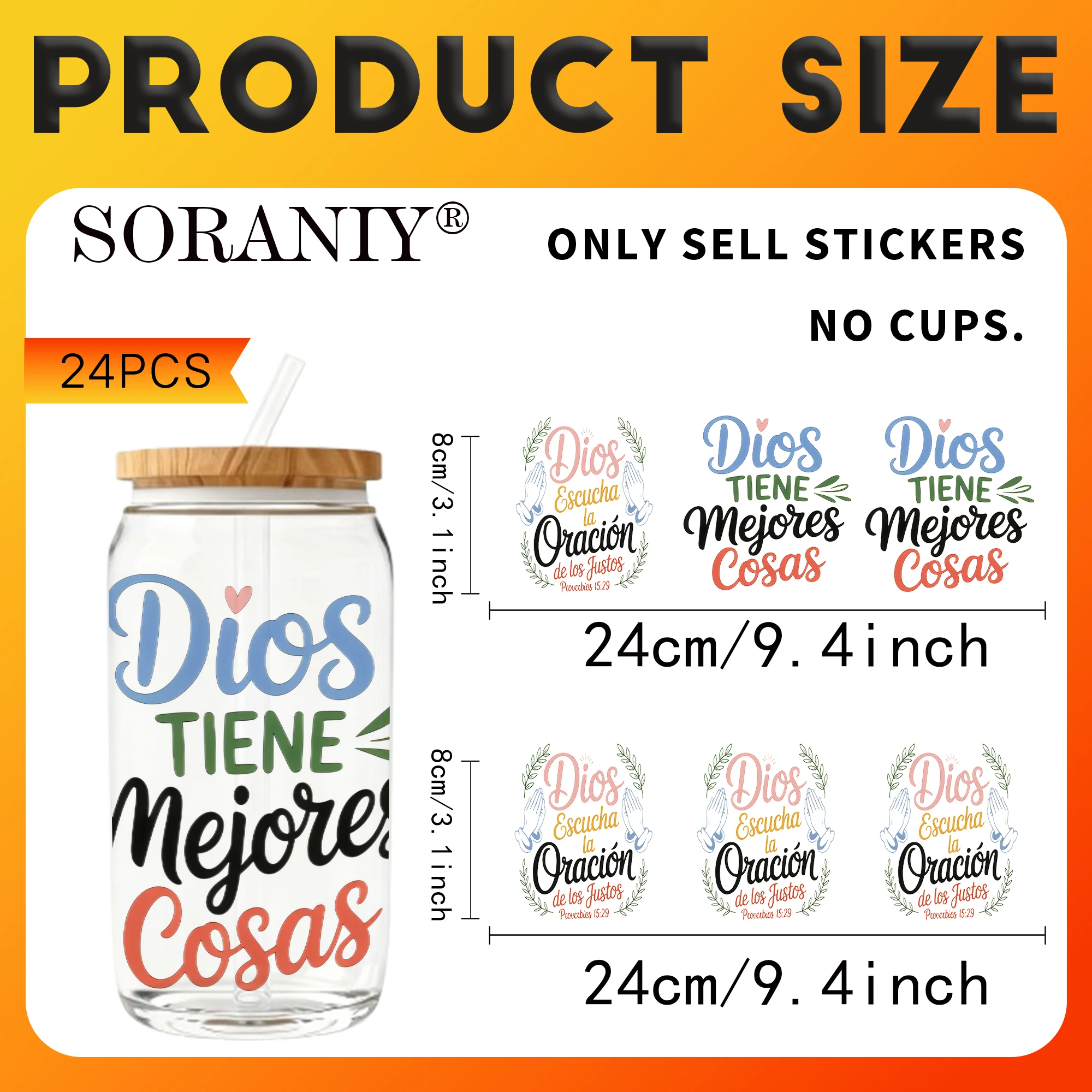 UV DTF Cup Stickers - 24Pcs/Set Spanish Christian Text Waterproof 16Oz Glass Jar DIY Transfer Decal, High Viscosity Easy Use For