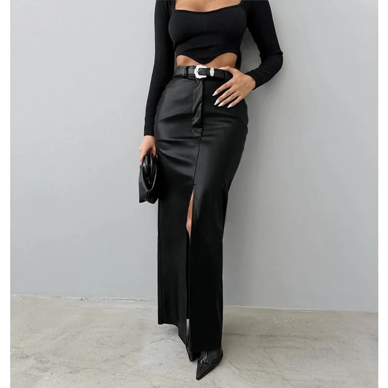 Spring Autumn Women High Waist PU Leather Skirts Ladies Solid Slim Long Skirts Fashion Elegant Commute Women Half Body Skirt