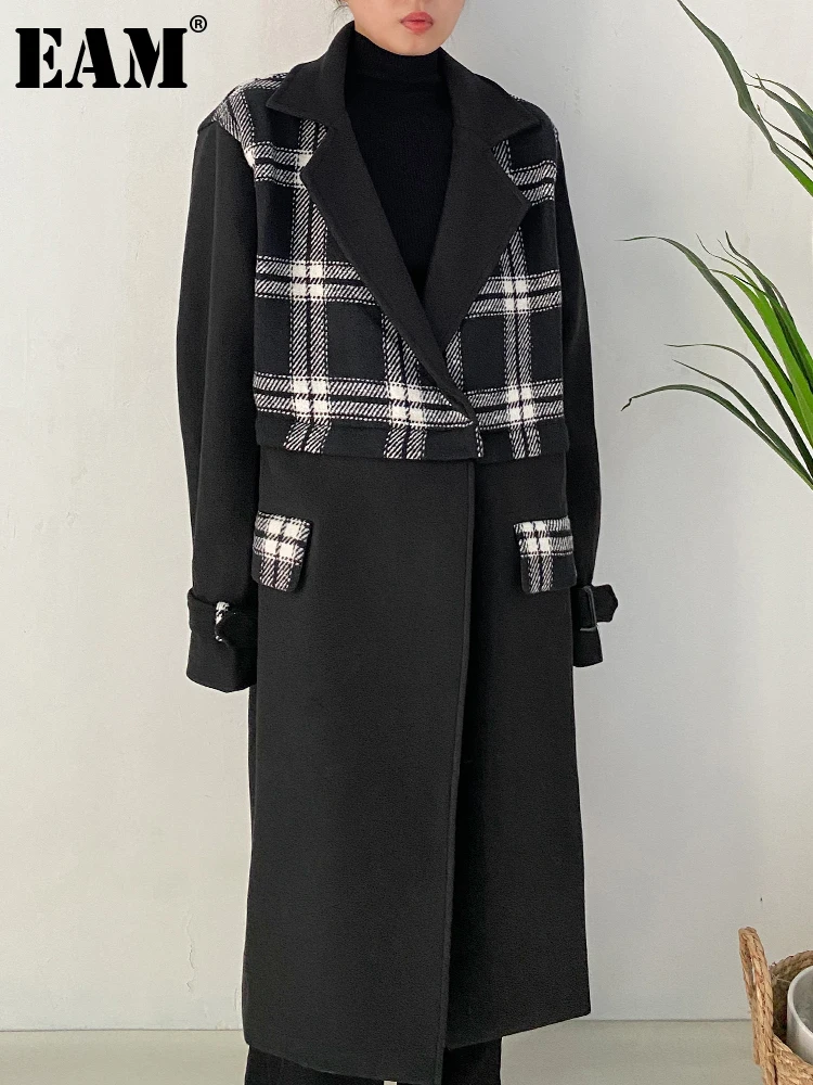 

[EAM] Black Plaid Two Ways Wear Big Size Thick Long Woolen Coat Parkas New Long Sleeve Women Fashion Autumn Winter 2024 1DF3875