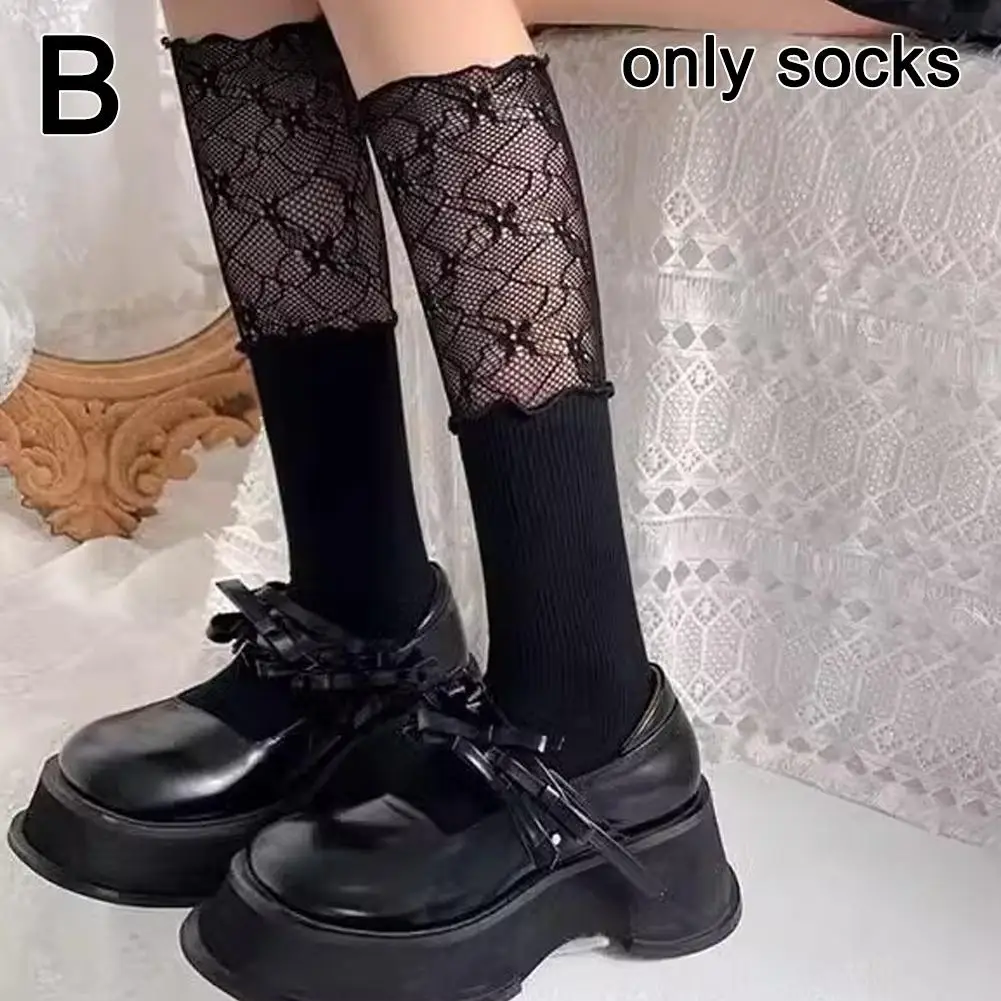 Medias altas de encaje sexis de Color sólido para mujeres y niñas, medias por encima de la rodilla hasta el muslo, botas cálidas largas de Lolita para mujeres y niñas E9Q4