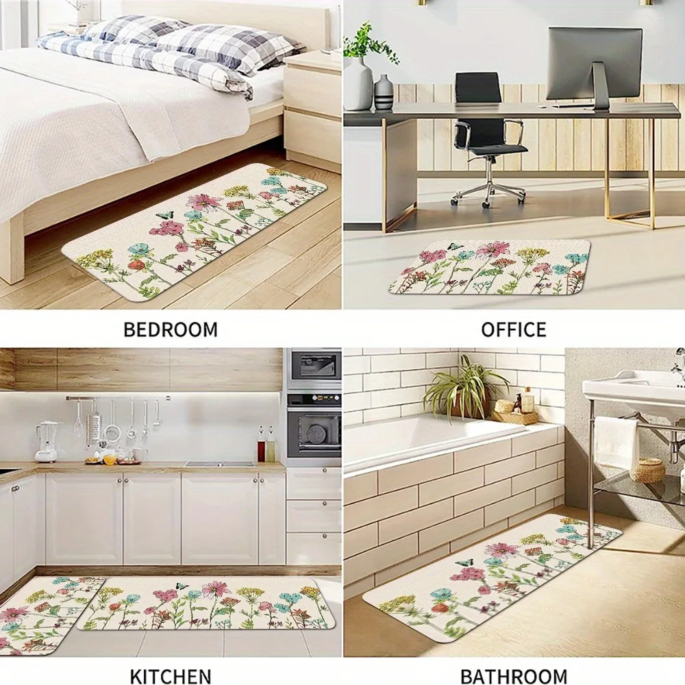 

1PC Botanical Floral Pattern Kitchen Rug Non-Slip Door Mat Pop design Bathroom Rug Bath Mat Carpet for Home Sink Laundry Decor