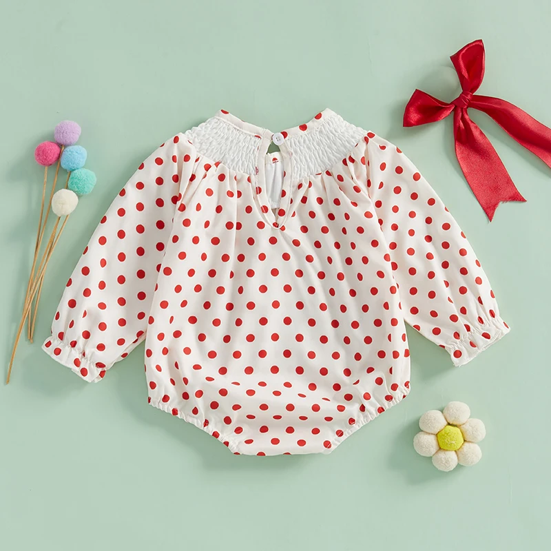 Autumn Newborn Baby Girls Casual Rompers 0-24M Dot Print Bow Embroidery Long Sleeve Crew Neck Bubble Jumpsuits Clothes