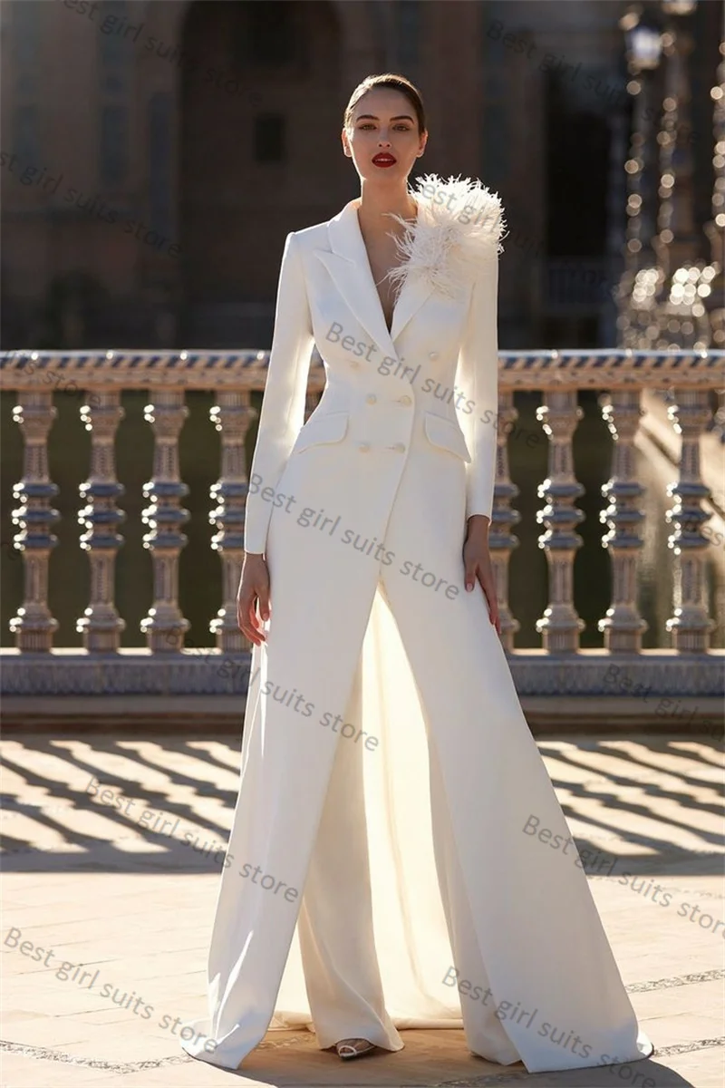 White Cotton Women Suits Skirt Set 2 Piece Feather Long Blazer+Pants Luxury Formal Office Lady Jacket Customized Party Coat