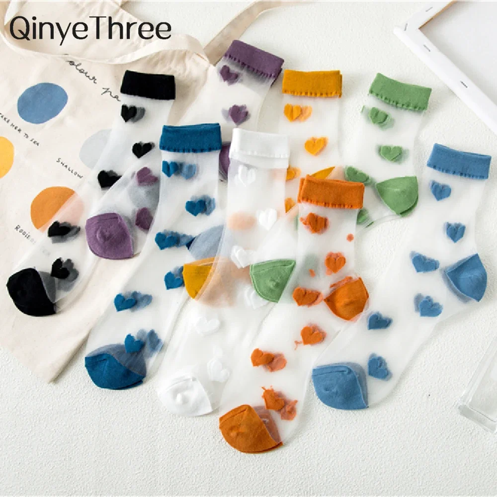Summer Cute Love Transparent Women Socks Comfortable Sexy Heart Pattern Cotton Bottom Fashion Soft White Sokken Dropship
