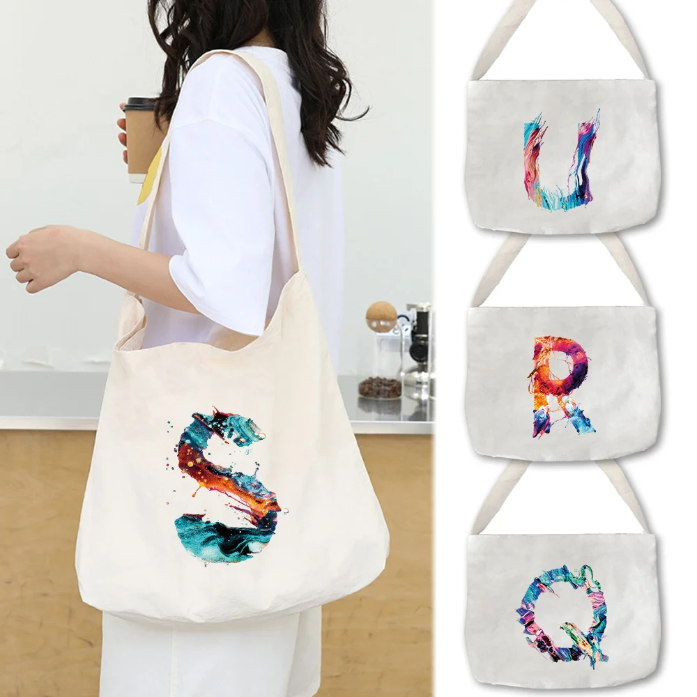 

Women Shoulder Bag Tote Bags Canvas Commuter Organizer 2024 Printnig Paint Series Canvas White Ladies Hand Bags