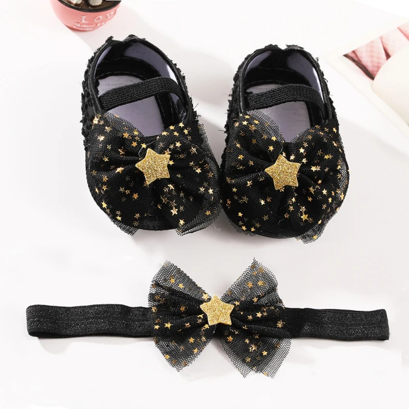 

0-18 Months Toddler Walking Shoes and Headband Set Spring Summer Baby Girl Mesh Soft Sole Bowknot Princess Shoes