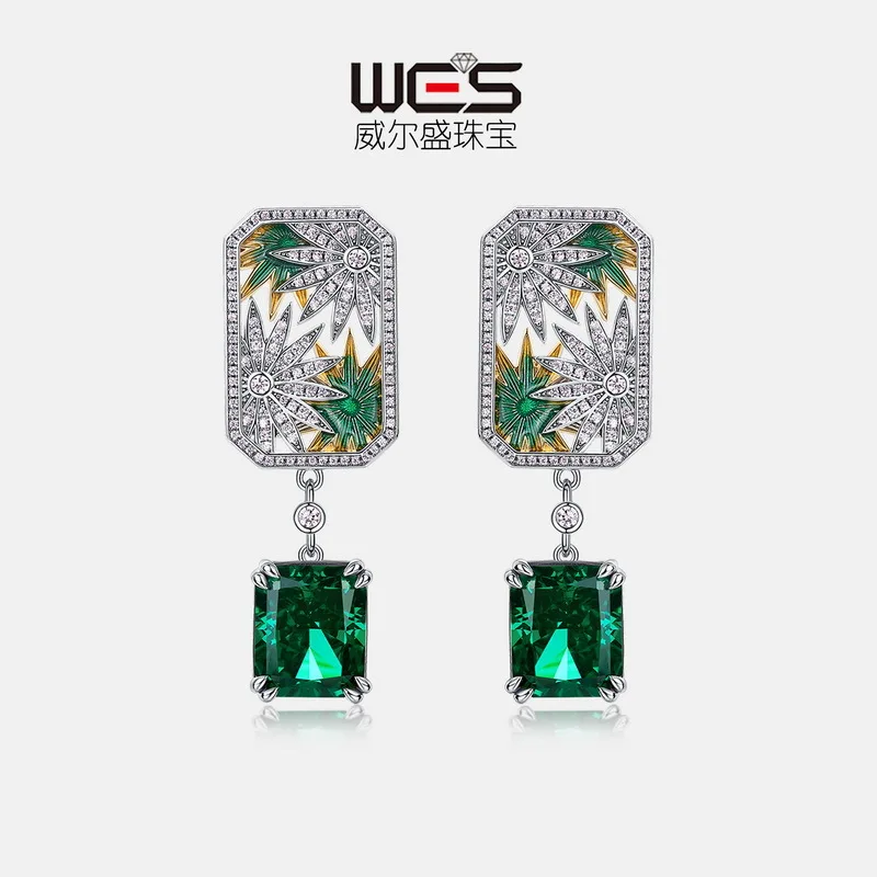 

ric cultivation of emerald earrings S925 silver full inlaid color treasure, light luxury