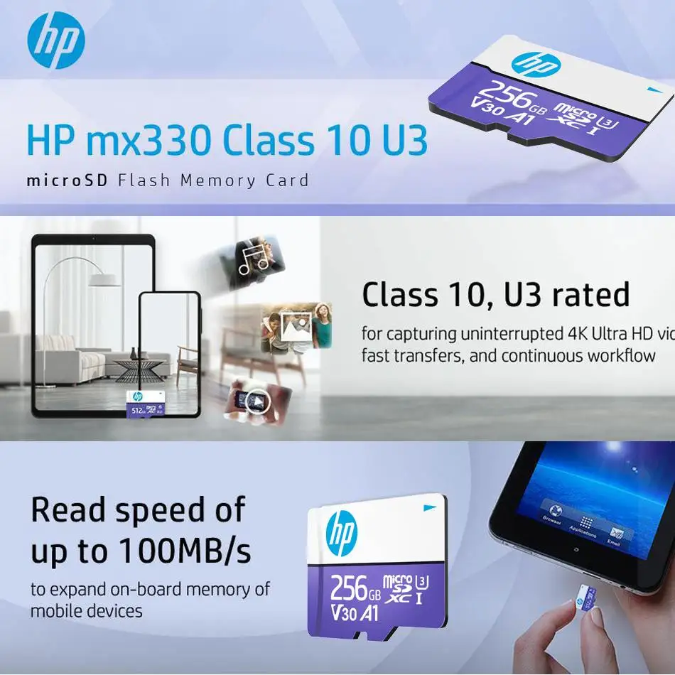 100% Original HP Micro SD Card Class10 U3 Memory Card MicroSD 64GB 128GB 256GB SD/TF Flash Card on For Smartphone Tablet Camera