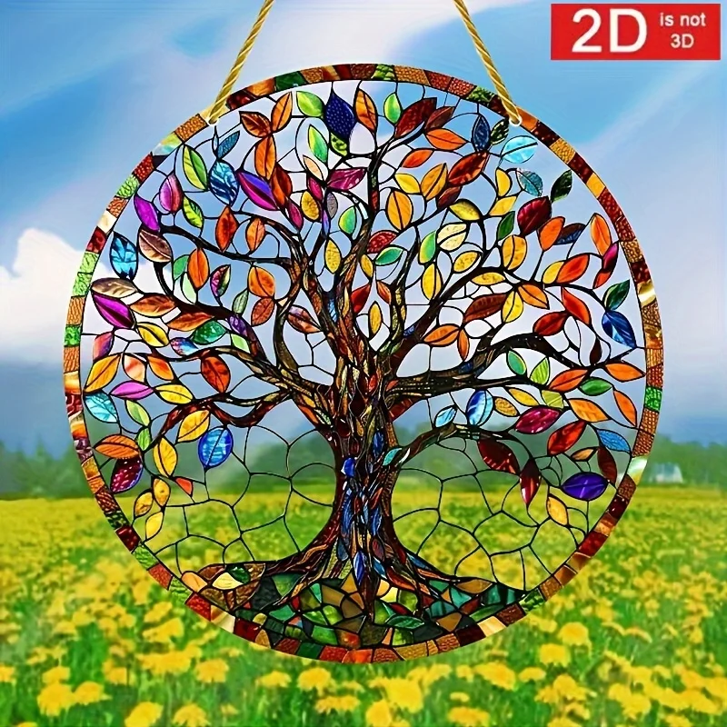 2D Flacher, 2D Baum des Lebens Sonnenfänger, Buntes Glas-Gartenschild, Rundes Kranz-Schild 5,9" x 5,9", Geeignet für 11 Feste, Jahreszeiten