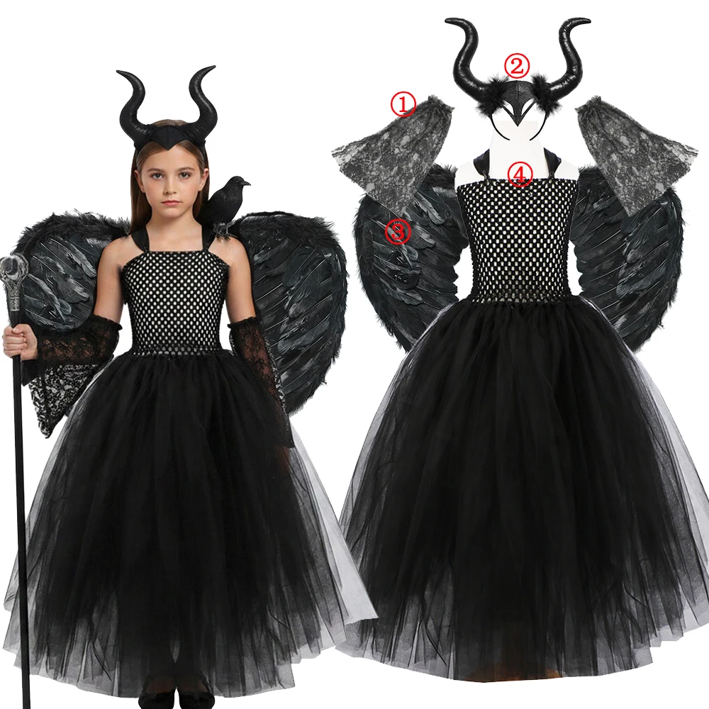 Halloween Girls Maleficent Dark Witch Tutu Dress with Horns Wings Kids Evil Queen Cosplay Day of The Dead Carnival Party Outfit