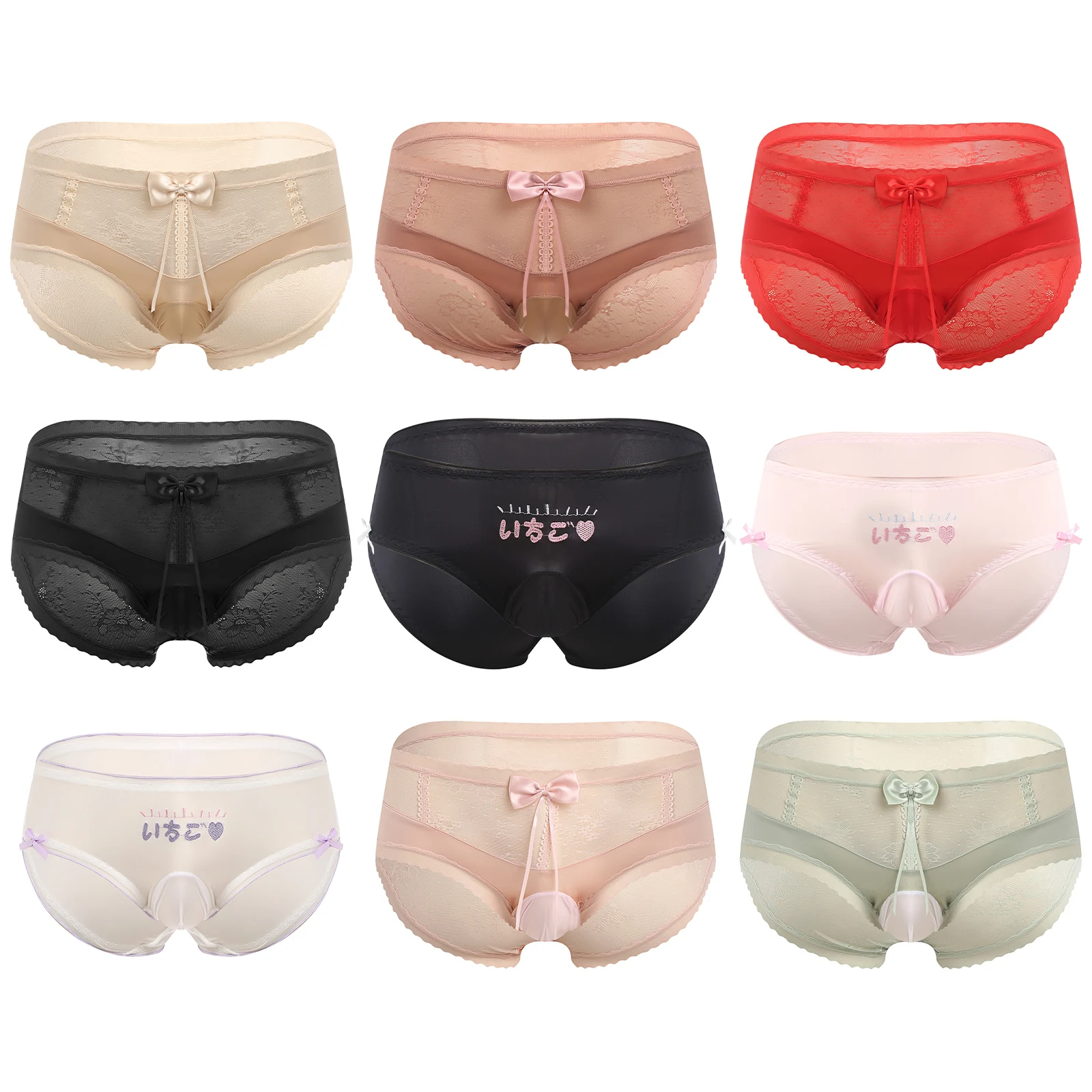 

Mens Sexy See Through Panties Cute Bowknot Floral Lace Patchwork Bulge Pouch Low Rise Briefs Crossdresser Lingerie Underwear