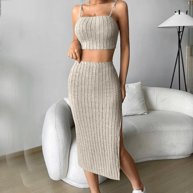 Fashionable and Sexy Open Waist Suspender Vest Temperament Slit Slim Fit Long Dress Two-piece Set Womens Dresses