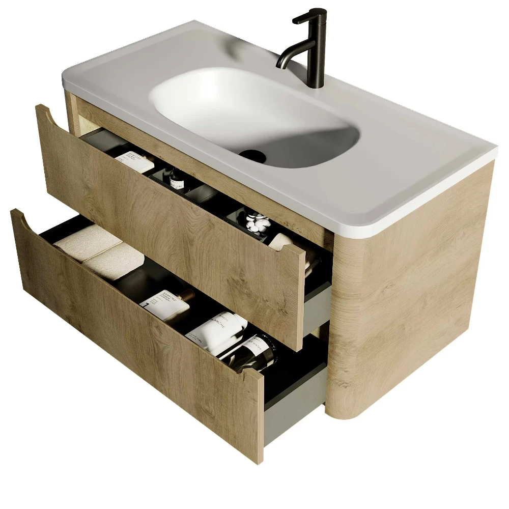 

OEM Custom Modern Minimalist Bathroom Vanity Cheap Wall-Hung MDF Wooden Cabinet Basin Rectangle Design Home Hotel Use