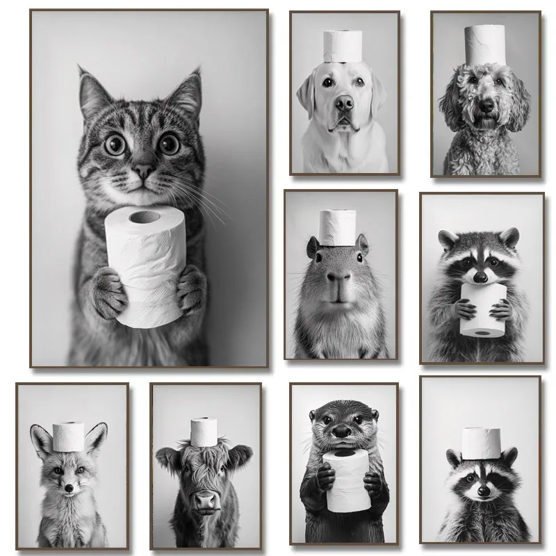 المرتفعات البقرة قضاعة القط الراكون مع ورق التواليت المشارك طباعة قماش اللوحة الحمام جدار الفن مضحك المرحاض الفكاهة ديكور المنزل