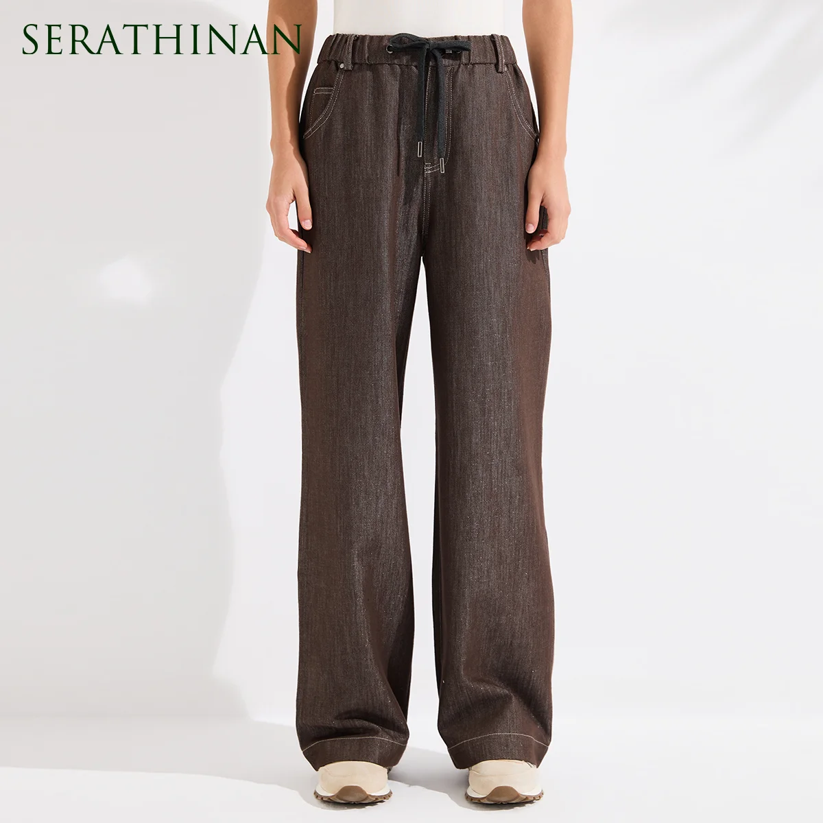 

KL7613650 Luxury Lyocell Cotton Wide Leg Pants Women's Elegant High Waist Drawstring Loose Straight Casual Trousers