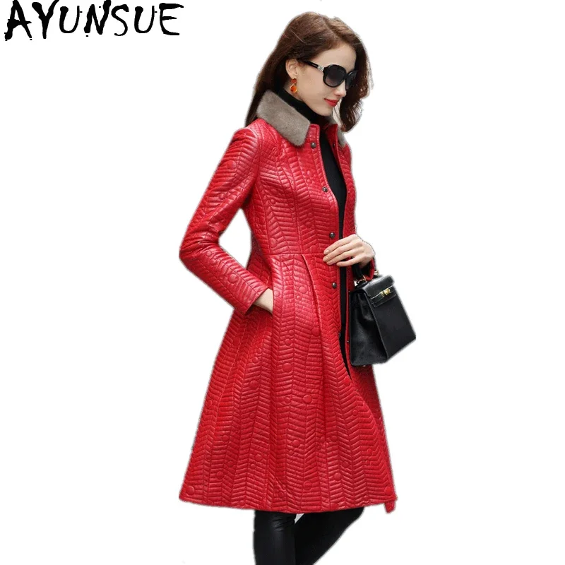 

AYUNSUE Women Genuine Leather Jacket With Natural Mink Fur Collar Long Slim Real Leather Parka Warm Winter Sheepskin Coat GG1655