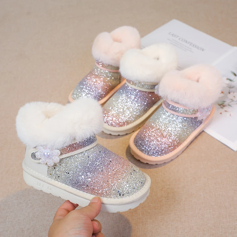 

2025 зимние сапоги с блестками для девочек, детская зимняя обувь на флисовой подкладке, детская теплая уличная обувь из флиса, модная хлопковая обувь принцессы