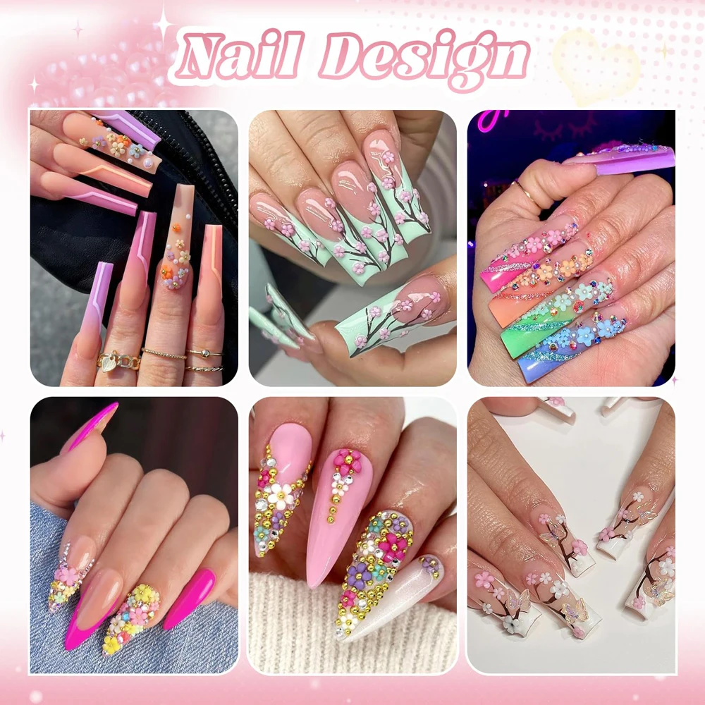 12 شبكة/صندوق 3/6/9 مللي متر زهرة الأكريليك مسمار السحر مختلط حجم الذهب الفضة الخرز الأبيض اللؤلؤ مسمار الفن زينة ملونة مسمار ديكور