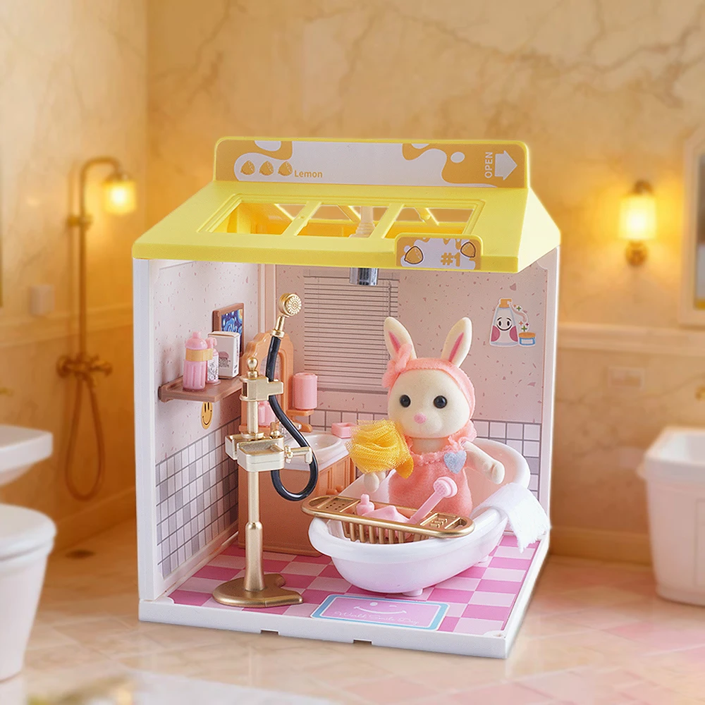 Lemon Bathe DIY Mini Bathroom Set Miniature House Kit With Led Lights Realistic Bathtub Sink Dollhouse Accessories Model Gift
