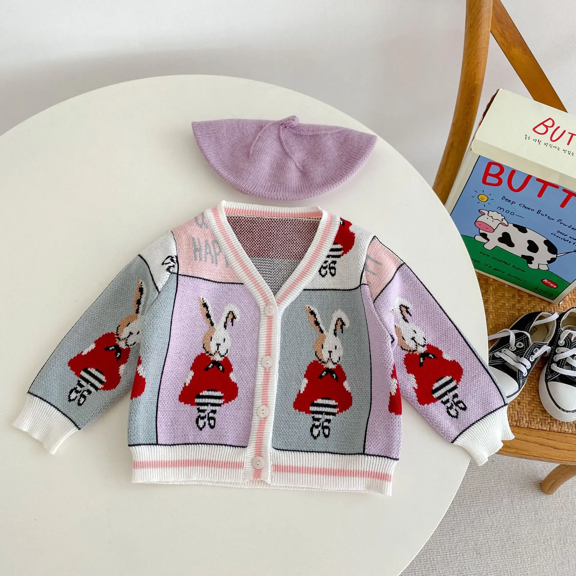 2022 autumn new infant cardigan lovely rabbit jacquard long sleeve knitted baby coat