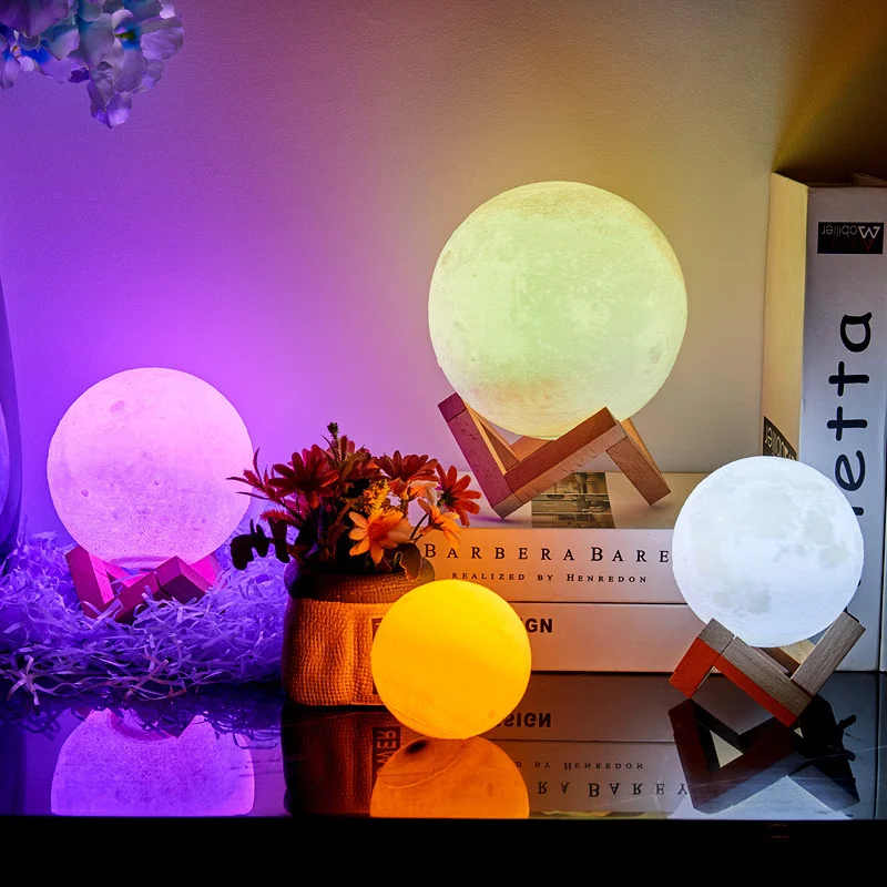 LED Night Light 3D Printing Moon Lamp with Stand 8CM Battery Powered Table Lamp Bedroom Decor Starry Moon Light for Kids