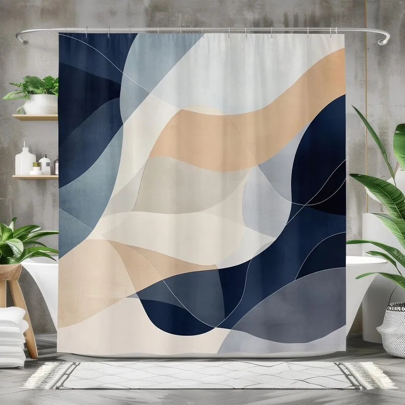 Modern Abstract Bath Curtain - Minimalist Bathroom Decor - Waterproof Fabric Shower Curtain - Neutral Geometric Design
