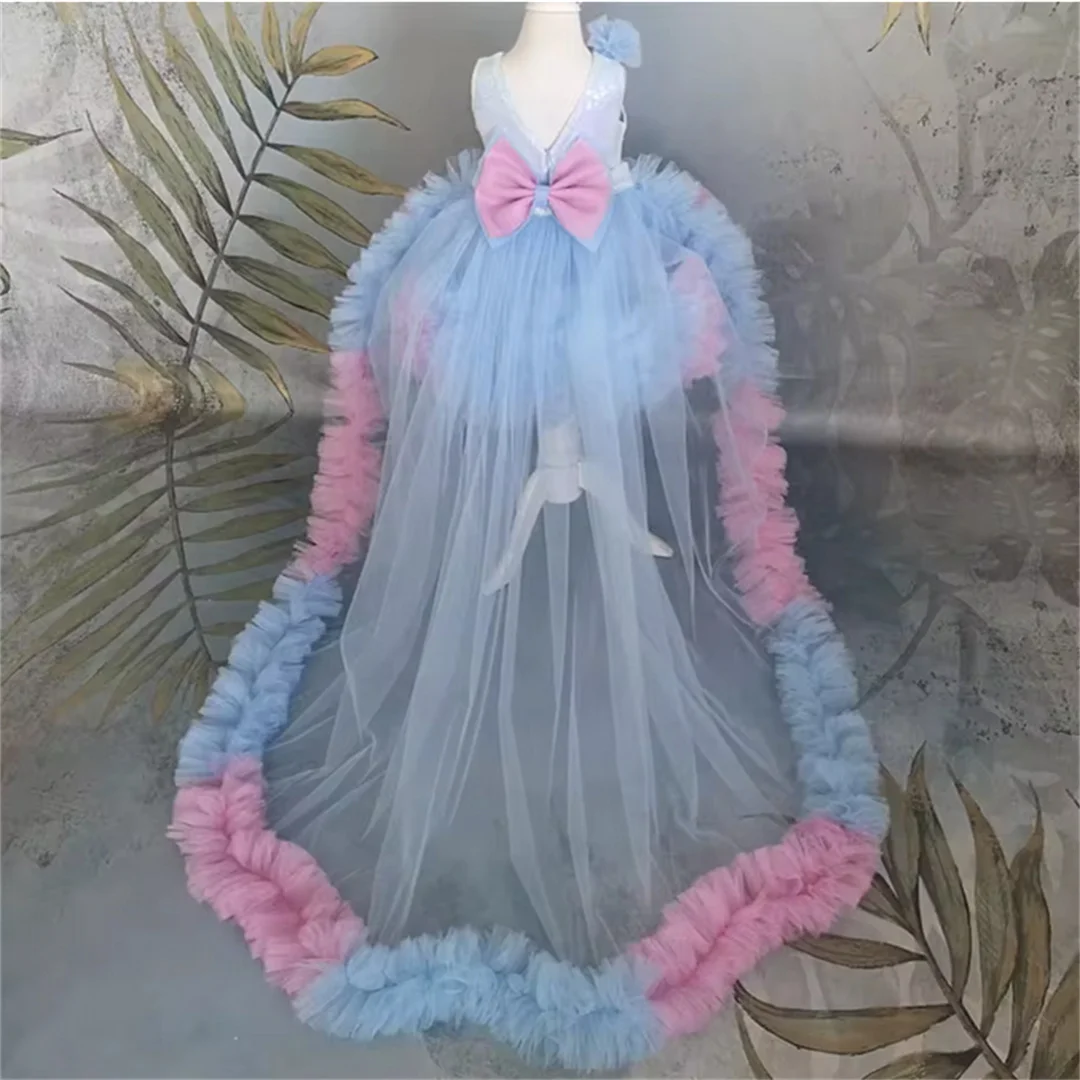 Blue  Angel Flower Girl Dresses Tulle Sequin Bow Tailing Sleeveless For Wedding Kids Birthday Gift Party First Communion