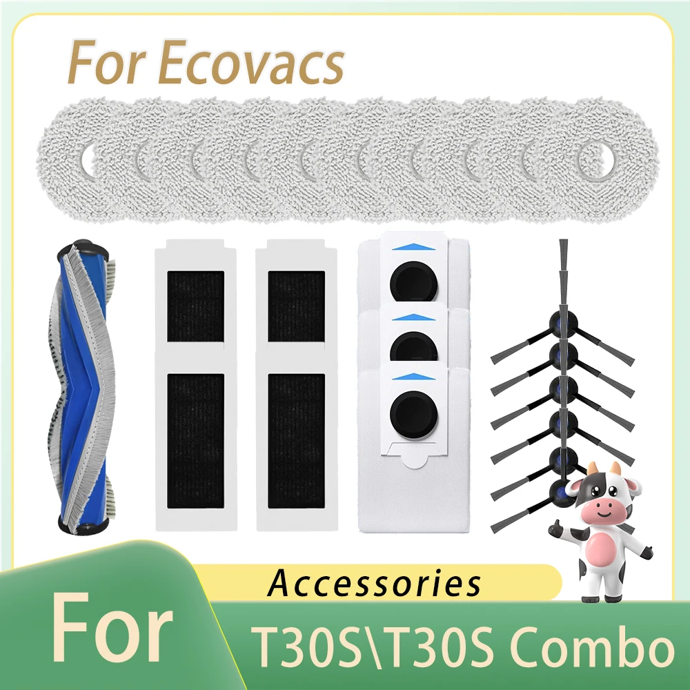 Mop Pads For ECOVACS T30S COMBO\T30S Pro Parts Kit Main Side Brush HEPA Filter Mop Rag Dust Bag Robot Vacuum Cleaner Accessories