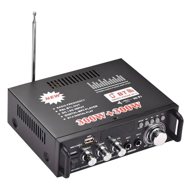 Black BT-298A Mini Audio Power Amplifier Set 2CH 300W+300W For Car Home Bluetooth Digital Audio Receiver AMP FM Radio EU Plug