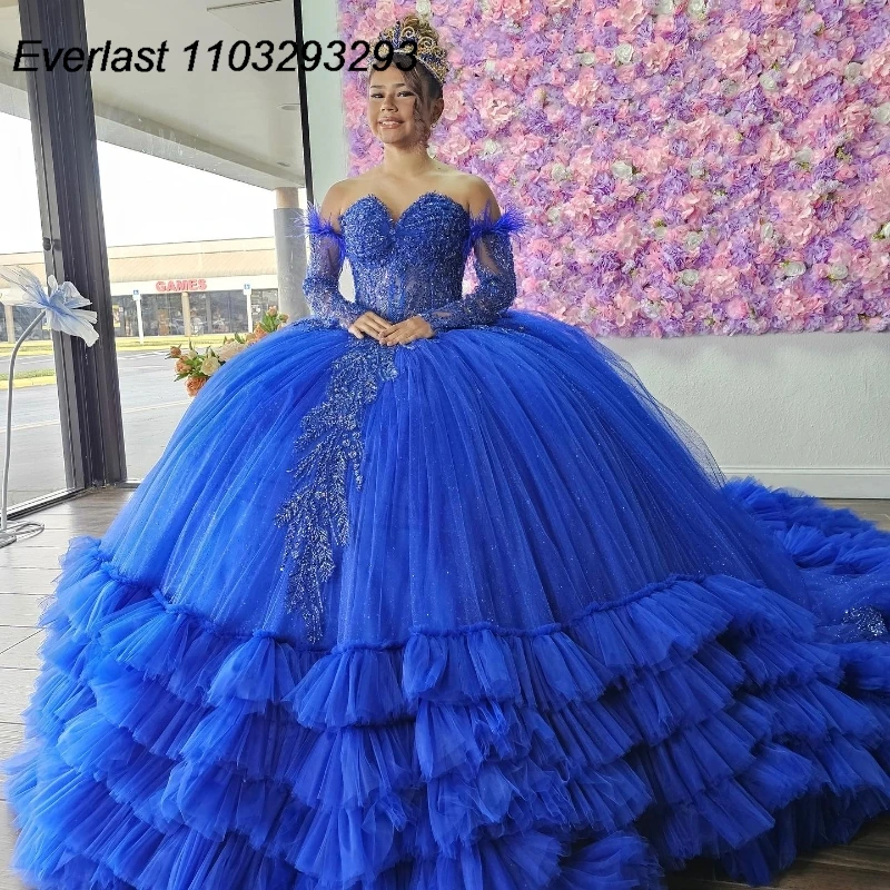 EVLAST Royal Blue Quinceanera Dress Ball Gown Applique Bead Long Sleeve Tiered Charro Mexican Sweet 16 Vestido De 15 Anos TQD316