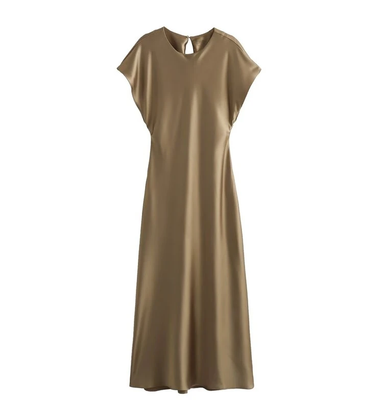 Silk Satin Material Midi Dr Women's Faion Design Versatile Autumn New Sle round Ne Svel Slim Fit Gown