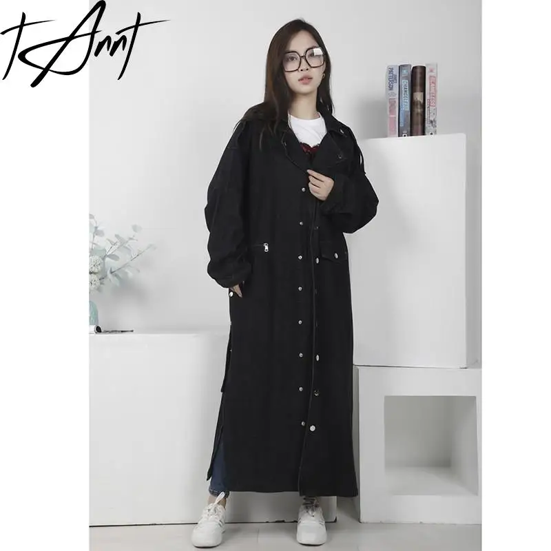 

Tannt 2023 Spring Women Denim Trench Coat Oversized Denim Trench Coat Fahion Ladies Windbreaker Loose Long Lace Up Overcoat