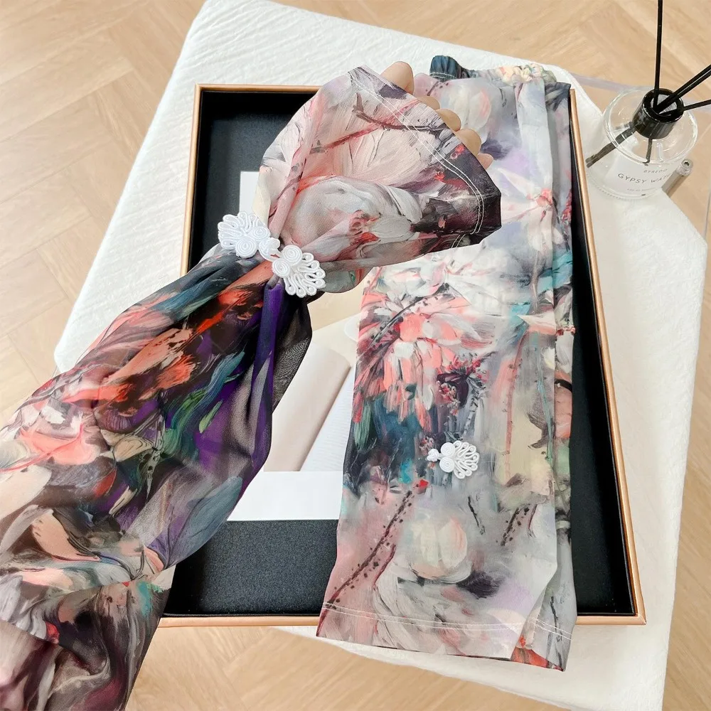 Chinese Style Buckle Printed Ice Silk Sleeves Flower Anti-UV Chiffon Sunscreen Sleeve Long-sleeved Glove Sun Protection