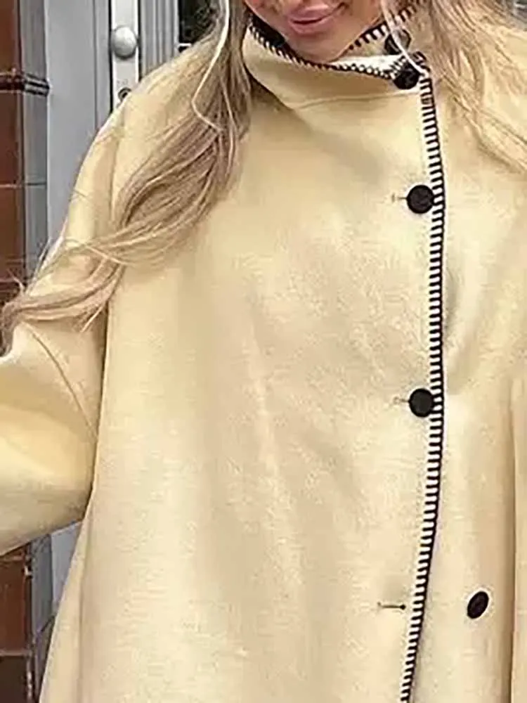 

Autumn Winter Women Stand Collar Single Breasted Jacket Simple Solid Long Sleeved Loose Coat Fashion High Street Pocket Outwear