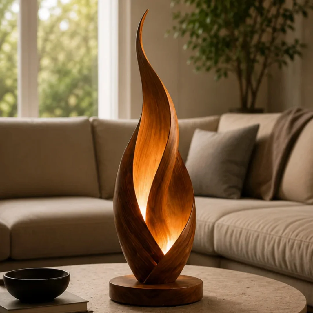Handcrafted Walnut Table Ornament With Twisted Flame Petal Design Soft Warm Gloss Artistic Wooden Craft