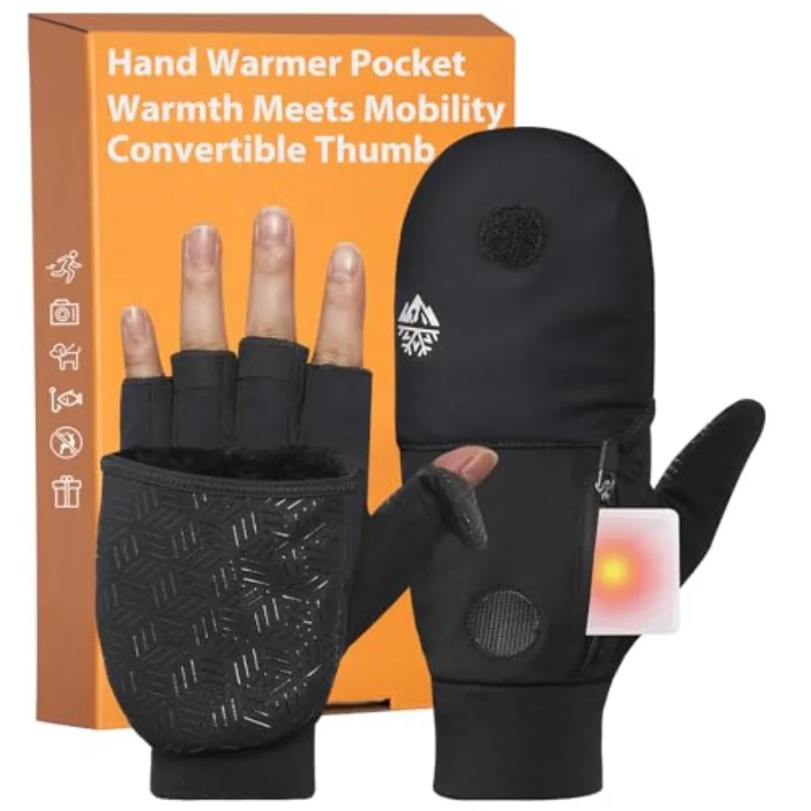 Winter Fingerless Gloves for Men Women, Convertible Mittens with Hand Warmer Pocket, Running Mittens for Photograph